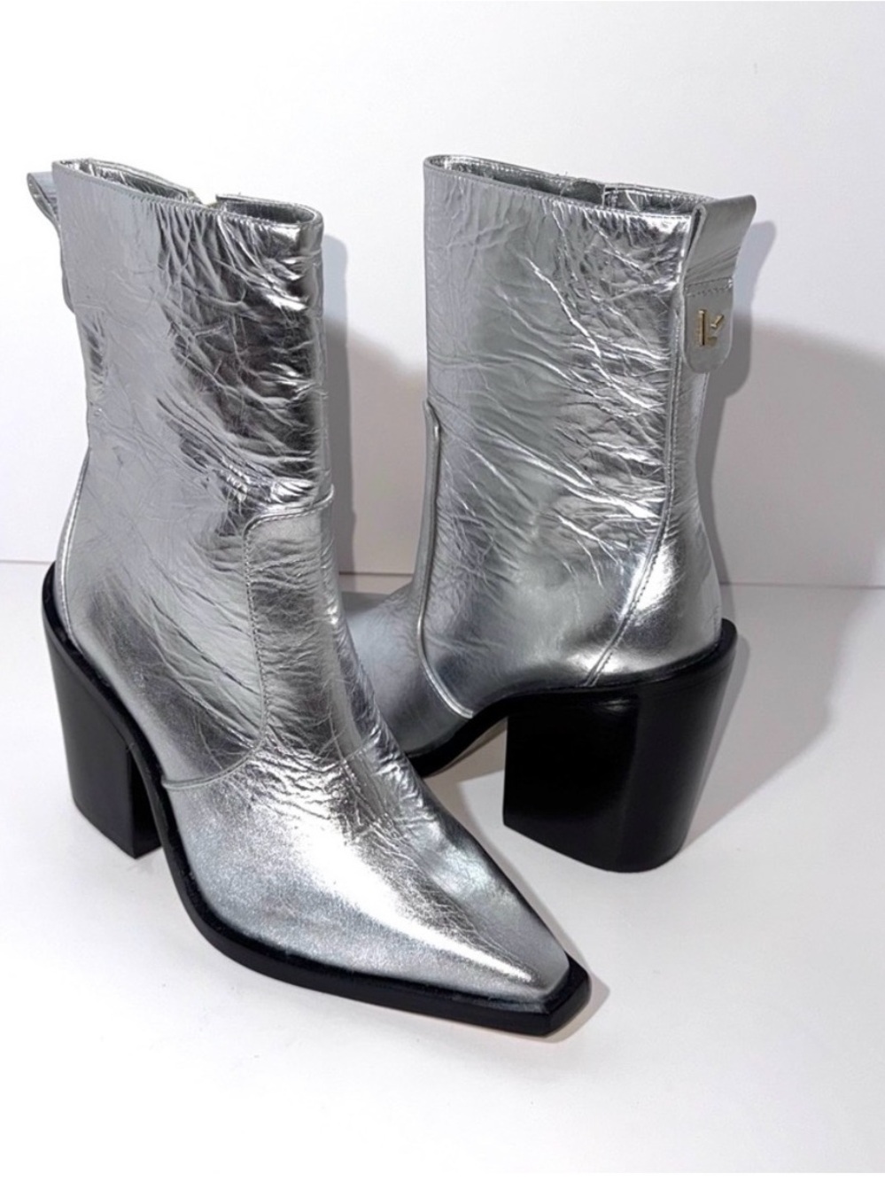 Larroude James Metallic Silver Block Heel Boots Western